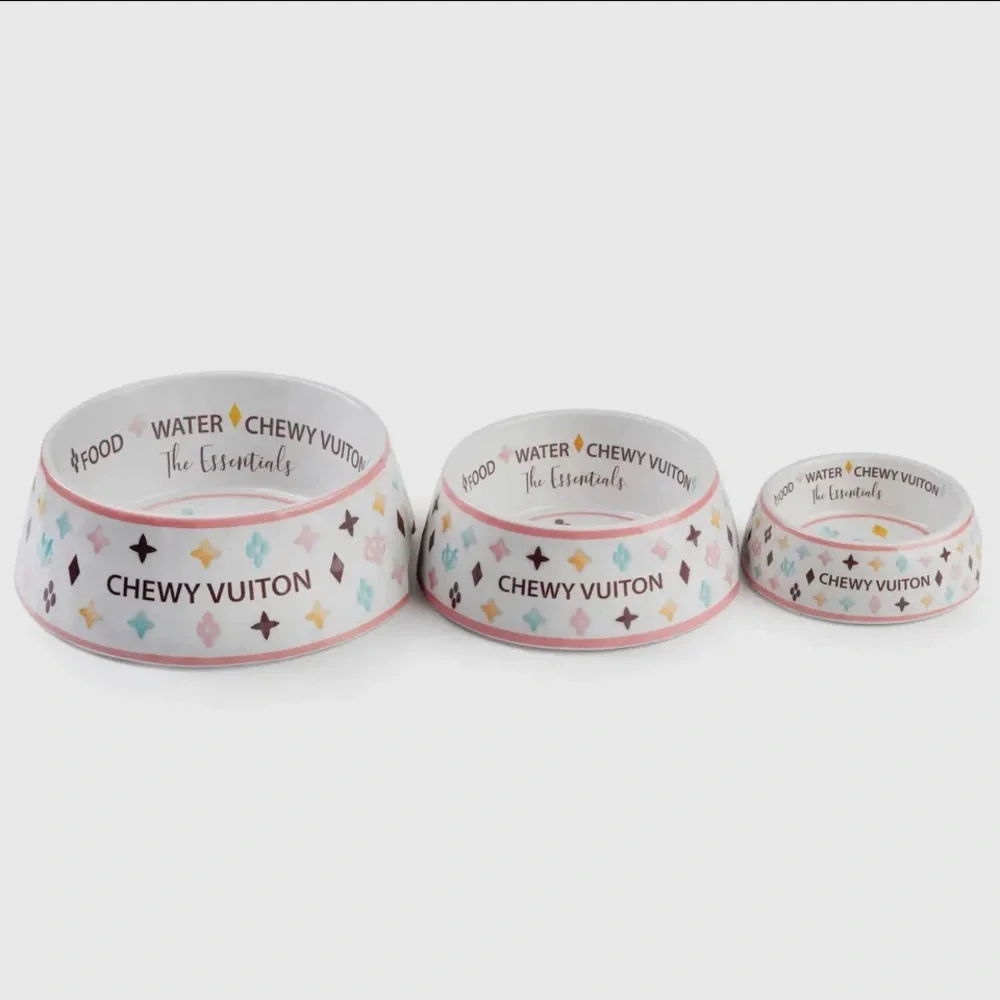 New Chewy Vuiton Pet Bowls in White & Pink